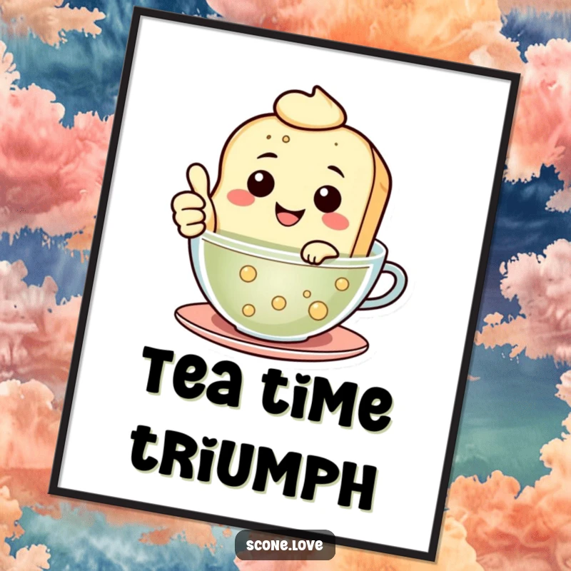 Funny Floating Scone Digital Art Print shows a smiling scone giving a thumbs up while floating in tea, with humorous happiness.