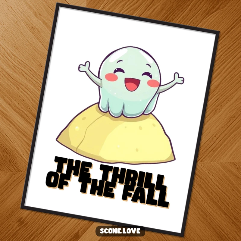 Funny digital art print of a delighted wobbly jelly enthusiastically tumbling down a hill, for instant wall decor.