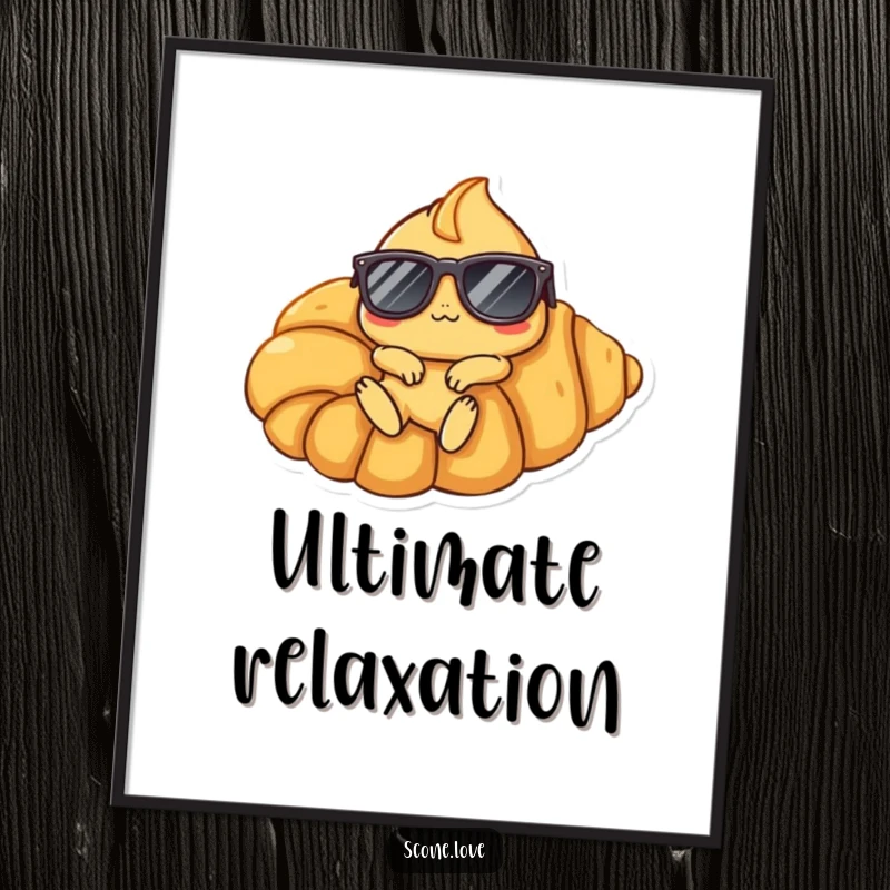 Funny Scone Croissant Digital Art: A scone character in sunglasses lounges on a giant croissant, bringing instant humorous cool to any room.