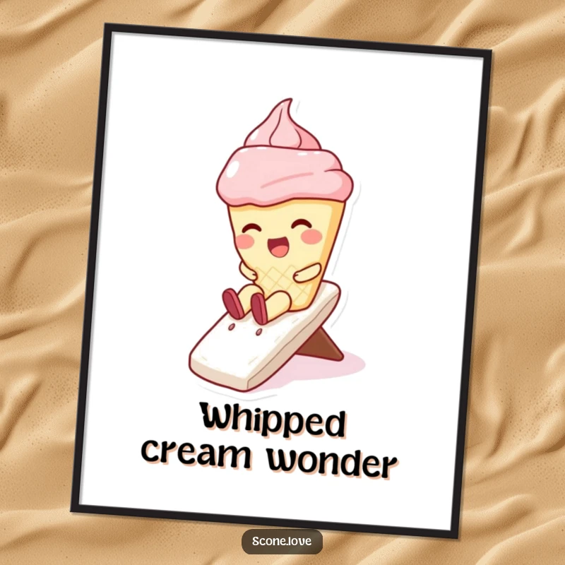 Funny digital art print of a kawaii scone character giggling down a whipped cream slide, whimsical baking illustration, instant humorous wall decor.