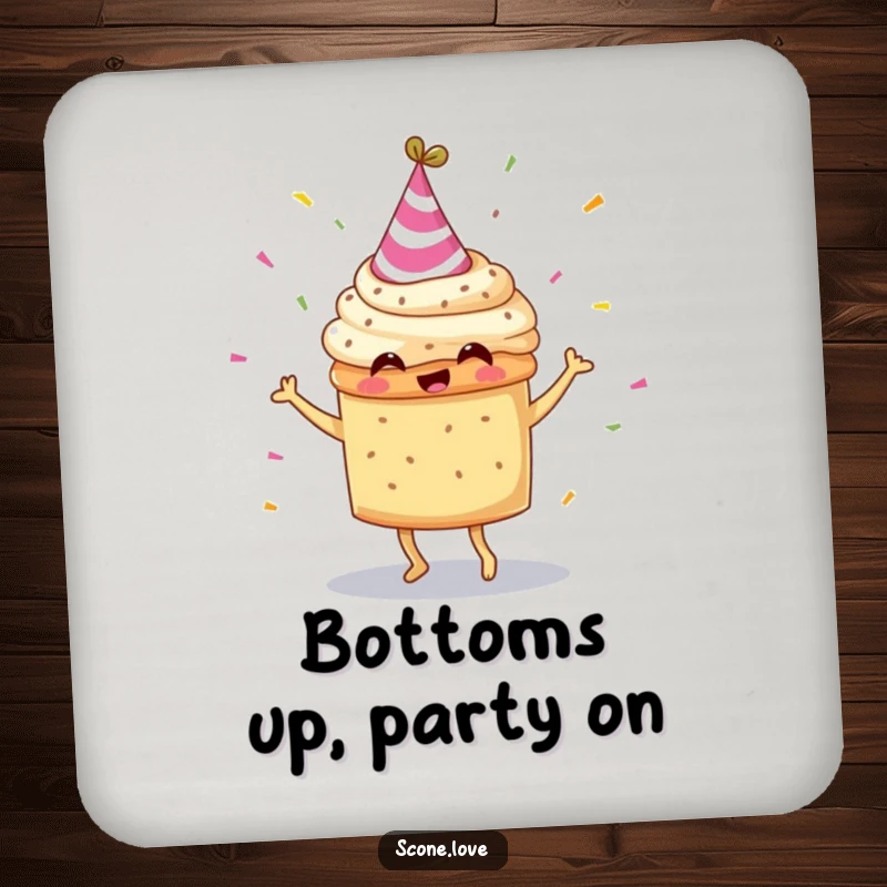 Funny scone wearing a party hat, dancing with confetti, protecting your table with whimsical humor.