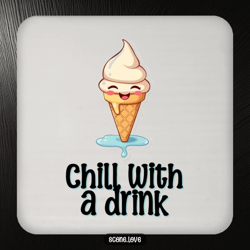 Funny drink coaster featuring a joyful, melting ice cream cone, offering surface protection with a sweet and humorous design.