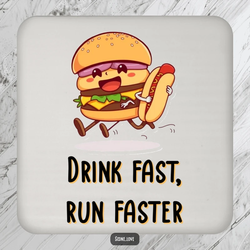 Funny drink coaster illustrating a hamburger and hot dog in a race, providing surface protection with a dose of lighthearted humor.