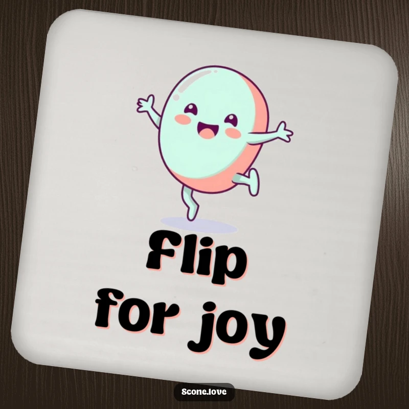 Funny candy coasters showcasing a grinning candy doing a cartwheel, perfect for protecting tables and adding humor.