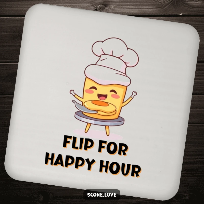 Funny drink coaster with a scone wearing a chef hat, joyfully flipping a miniature pancake, protecting furniture.