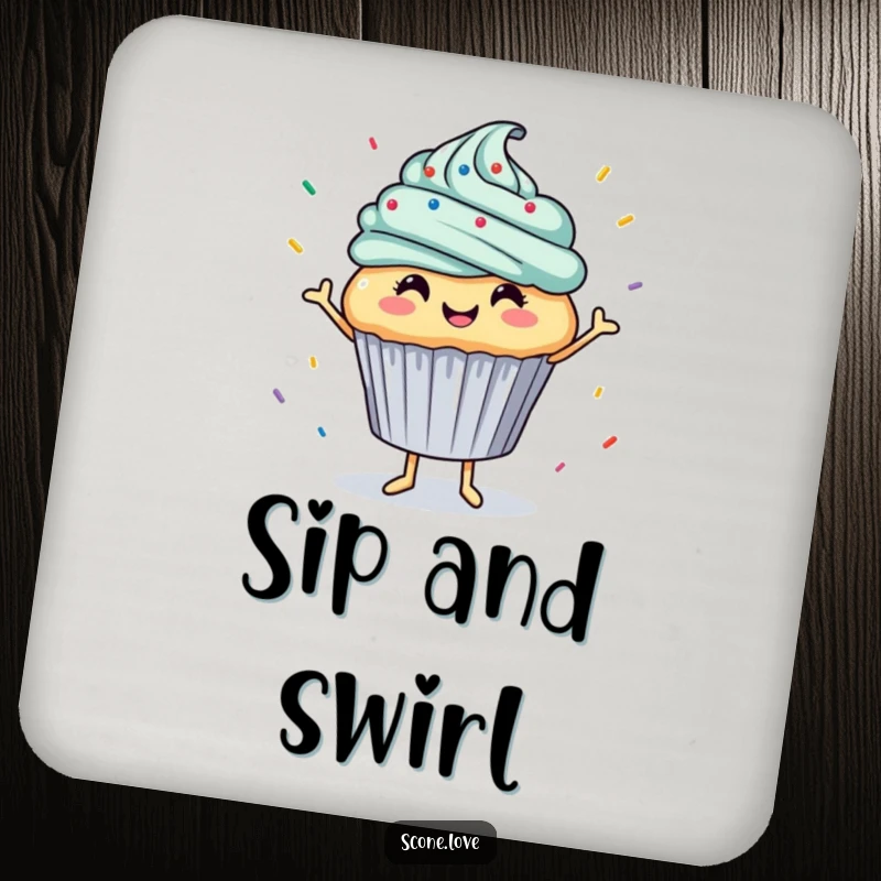 Funny drink coasters show a smiling cupcake dancing with sprinkles raining down, a fun and humorous way to protect surfaces.