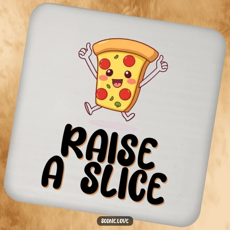 Funny drink coasters show a pizza slice with arms raised, running a victory lap, a humorous and protective addition for any table.