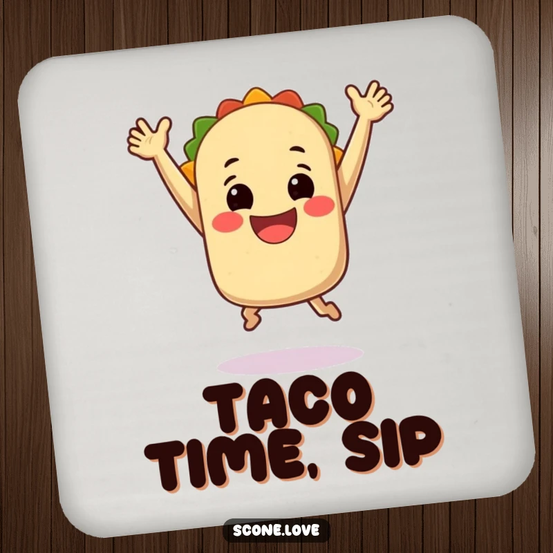 Funny Drink Coasters: A smiling taco leaping with arms up, protecting surfaces with a sprinkle of fiesta fun.