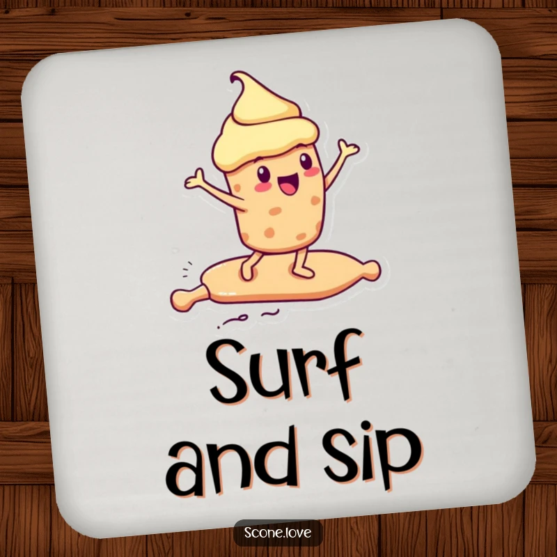 Funny Kawaii Scone Coasters: a scone surfs on a rolling pin, perfect funny kitchen decor.