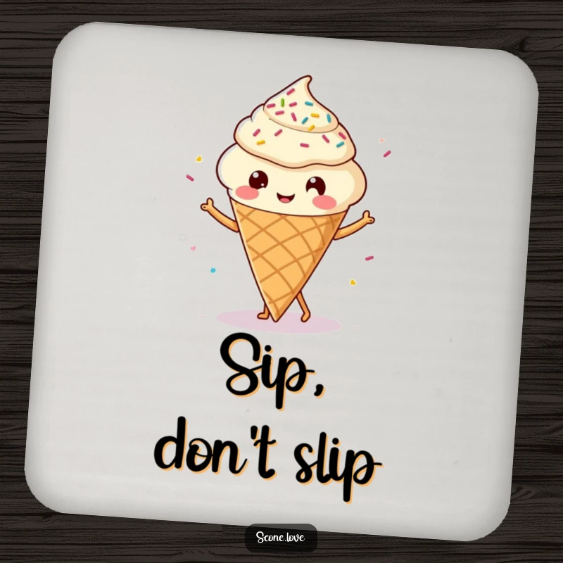 Funny Kawaii Scone Coaster: A delightful scone with tiny legs dancing joyfully, adorned with sprinkles.