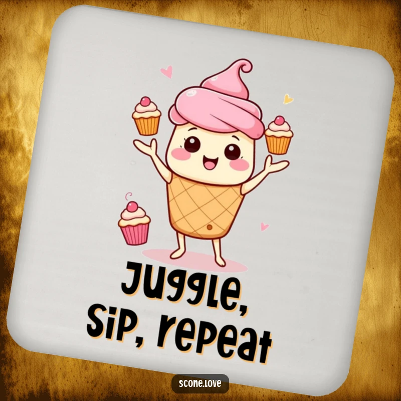 Funny Kawaii Scone Juggling Coaster: An energetic scone juggles mini cupcakes, a dynamic addition.