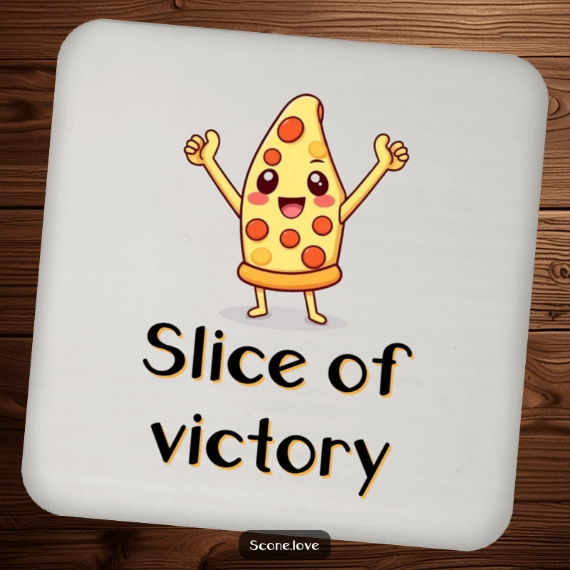 Funny pizza coasters showcasing a victorious cheesy slice, perfect for protecting tables and adding humor.