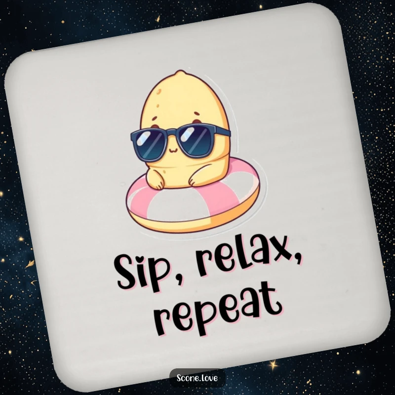Coaster featuring a funny scone in sunglasses, relaxing on a small beach float, adding vacation humor to your table.