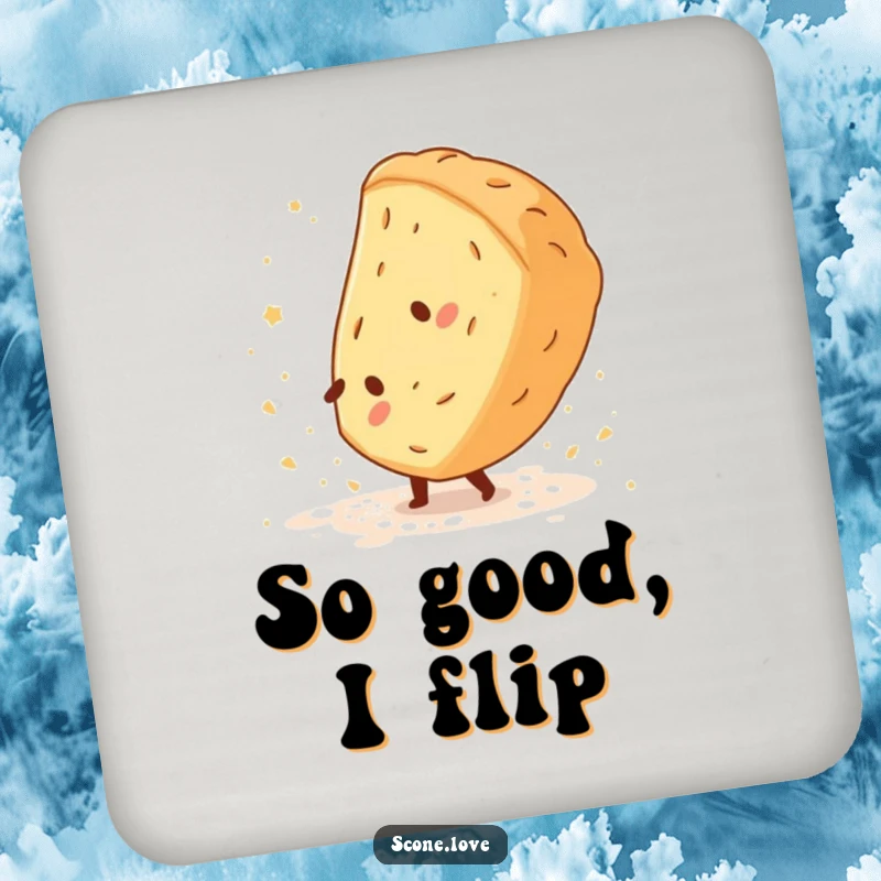 Funny Scone Cartwheel Coaster shows a scone performing a cartwheel, leaving flour dust, offering humorous drink protection.