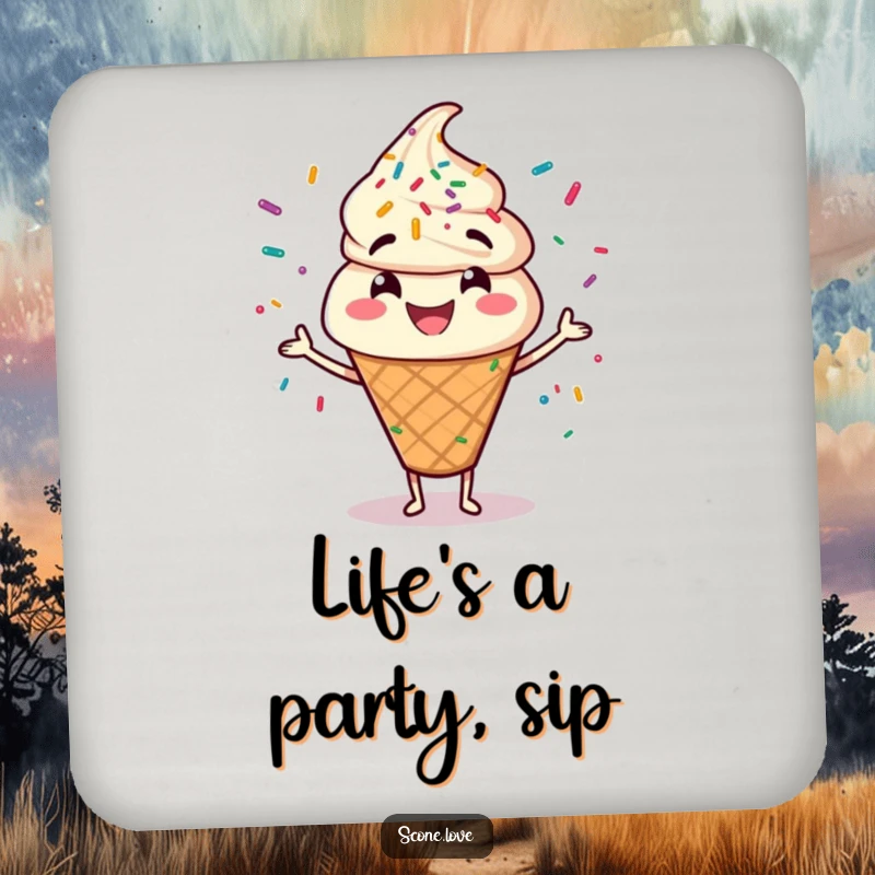 Funny drink coaster with a cheerful scone character juggling a colorful mix of sprinkles.
