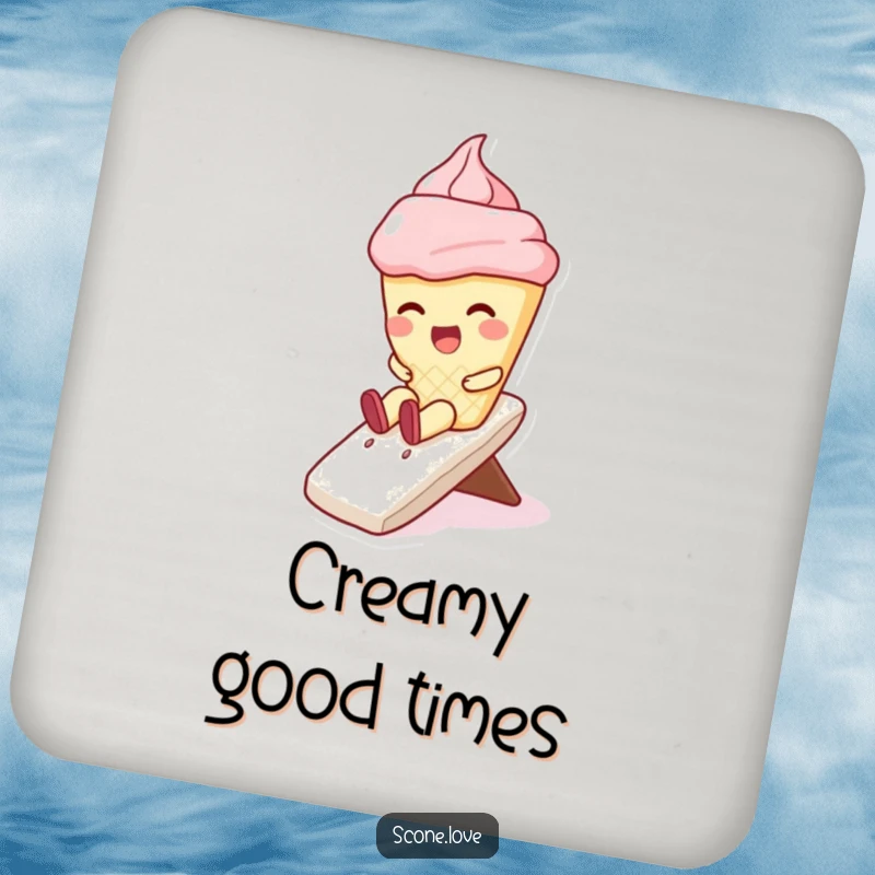 Funny drink coaster with a kawaii scone character sliding down a whipped cream slide, protecting surfaces with a dash of dessert-themed humor.