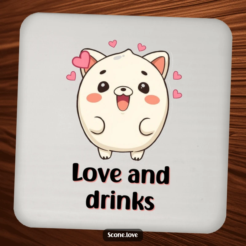 Funny Beaming Scone Coasters: A scone character beams with hearts floating around its head, offering a humorous and loving table accent.