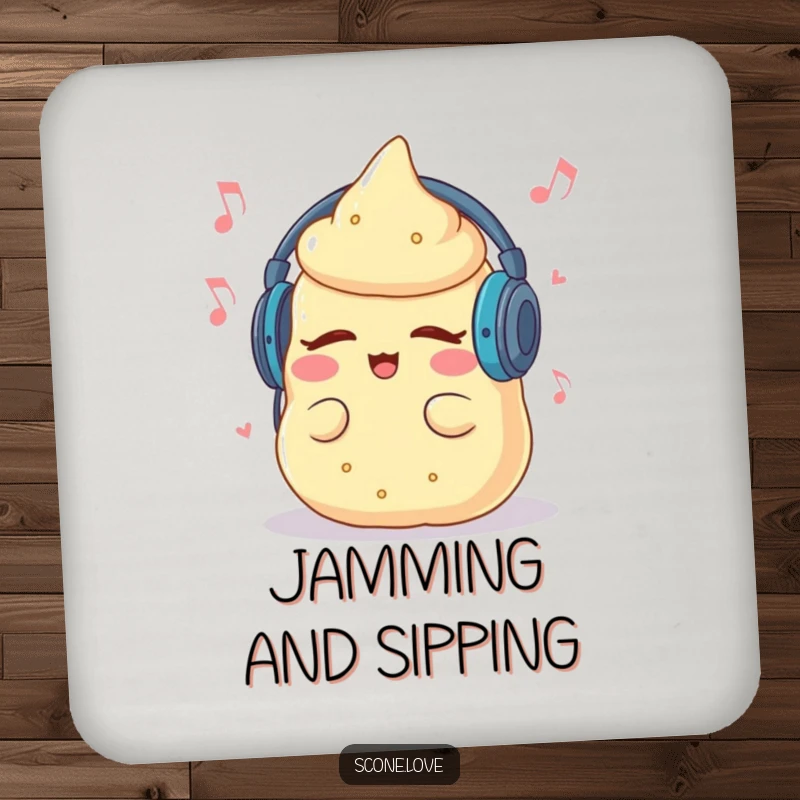 Funny coaster featuring a scone with headphones, grooving, adding a musical touch to any surface.