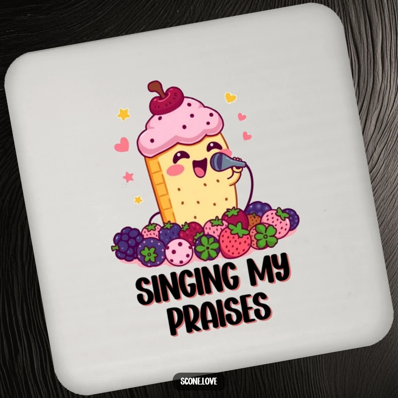 Funny scone singing into a microphone to berries, a humorous coaster set for drink protection.
