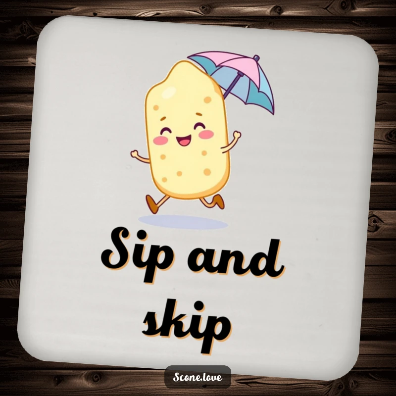 Funny scone character skips with a tiny umbrella, a charming and protective addition to this drink coaster.