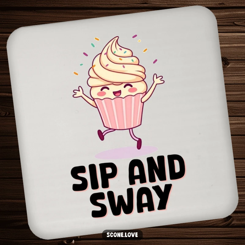 Funny drink coaster with a delightful cupcake doing a jig, sprinkles flying artistically, adding a touch of quirky charm to tabletops.