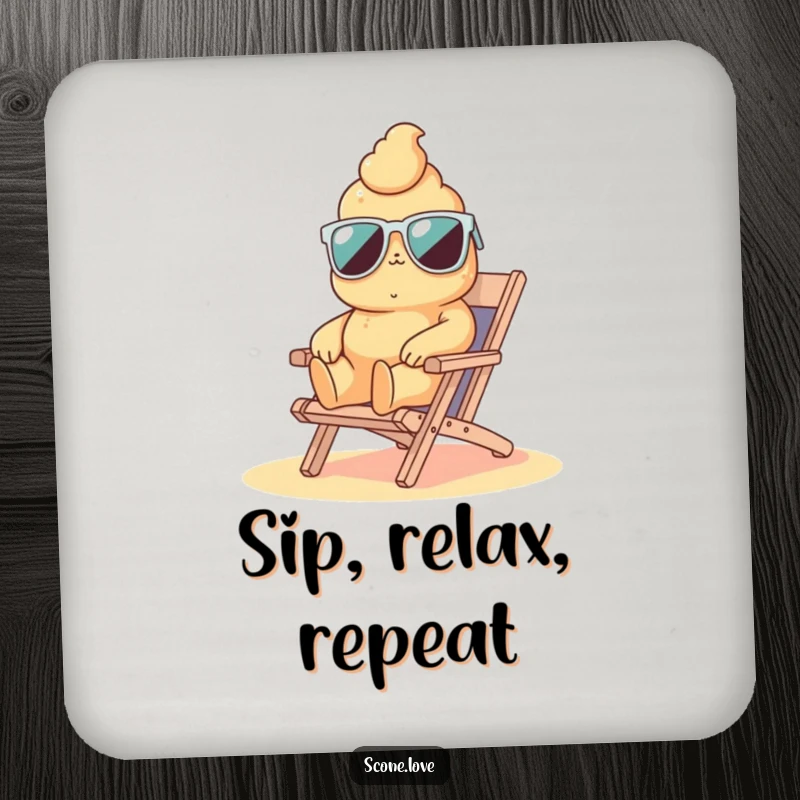 Funny scone wearing sunglasses on a beach chair, a humorous coaster set to protect furniture.