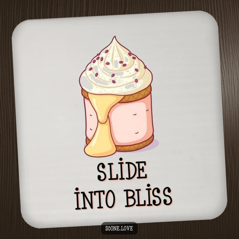 Funny coaster featuring a scone sliding down a pat of butter, a humorous way to protect furniture.