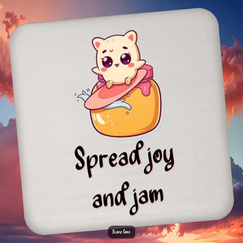 Funny scone character surfing a giant jam jar with wide eyes, a hilarious and protective addition to this drink coaster.