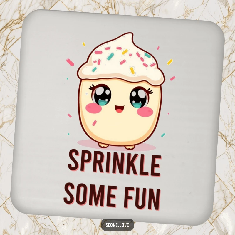 Funny drink coaster with a kawaii scone character catching sprinkles, protecting surfaces with a delightful dose of baked goods charm.