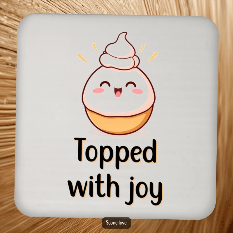 Funny Swirly Baked Good Coaster, showing excited swirls balancing cream on its head, protecting surfaces with sweet and humorous art.