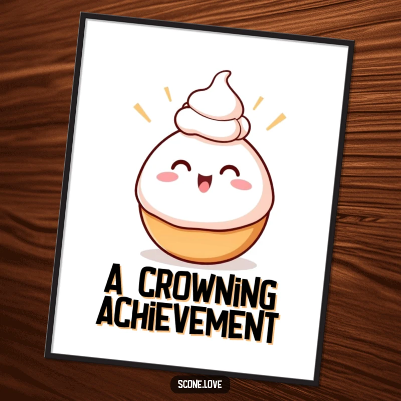 Funny Swirly Baked Good Poster, illustrating excited swirls balancing cream on its head, adding whimsical and sweet food art.