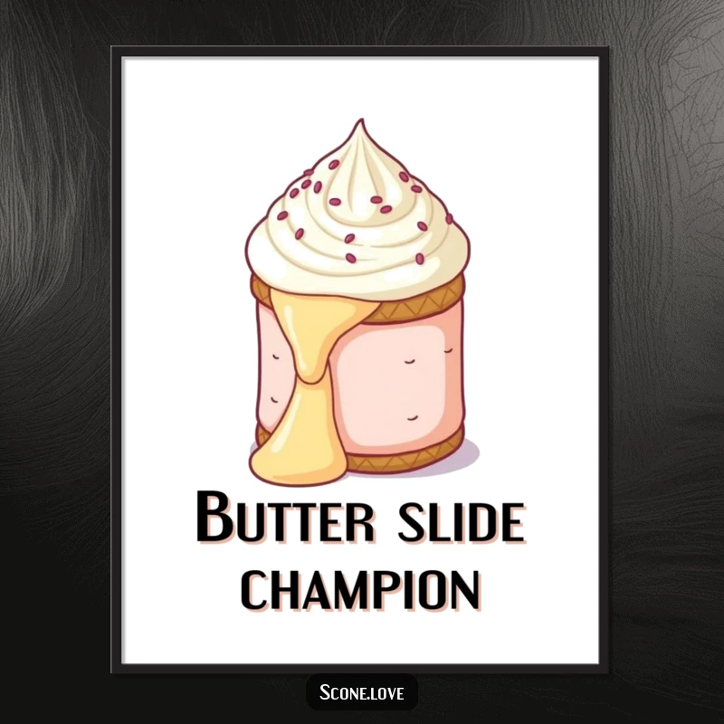 Funny poster art showing a scone dramatically sliding down a pat of butter, a classic baking mishap captured humorously.