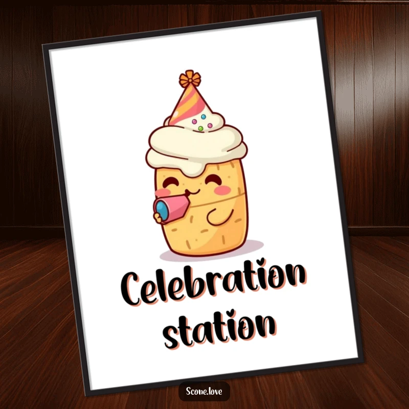 Funny poster featuring a kawaii scone character in a tiny party hat, blowing a noisemaker, a delightful piece of festive baked goods art.