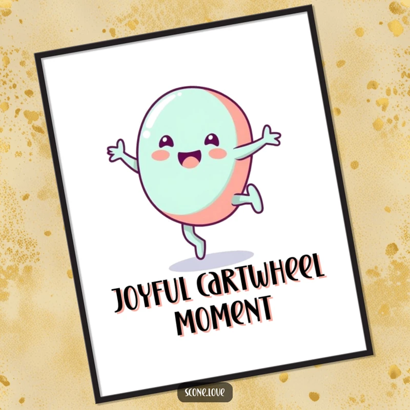 Funny candy poster depicting a grinning candy in a cartwheel motion, ideal wall art for rooms and play areas.