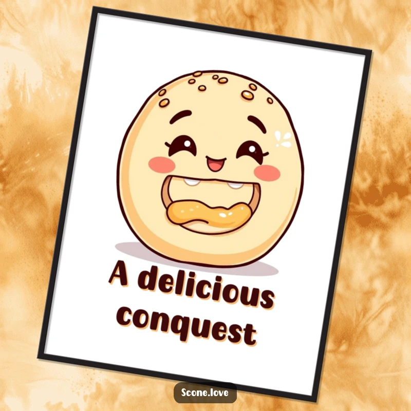 Funny Donut Poster, illustrating a smiling baked good's triumphant bite into another, adding whimsical and humorous food art.