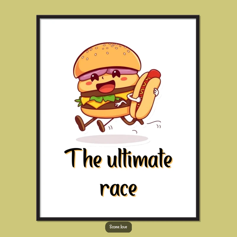 Funny Hamburger Hot Dog Race Poster - Hilarious Foodie Wall Art Gift!