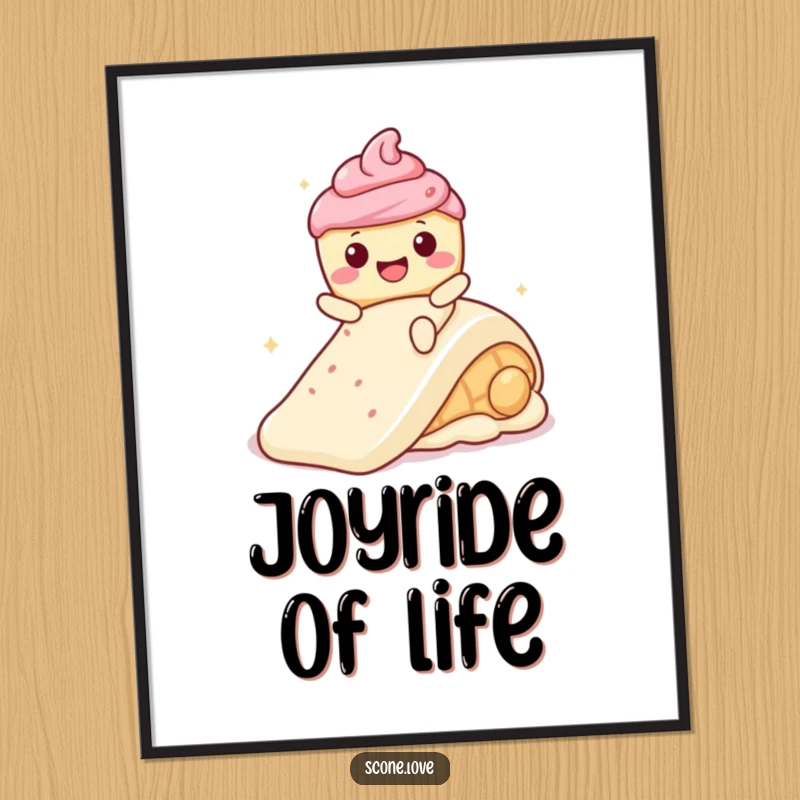 Funny Kawaii Scone, smiling widely, joyfully descending a colorful frosting slide, creating cheerful wall art.