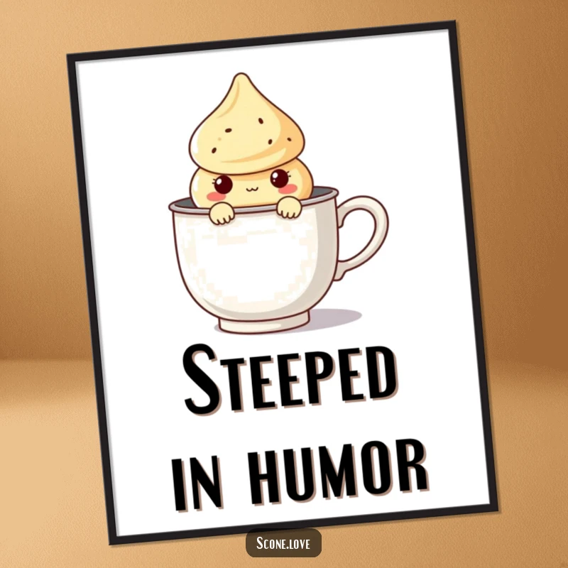 Funny Kawaii Scone Poster showing a cute scone character peeking from a large tea infuser, adding a humorous touch to decor.