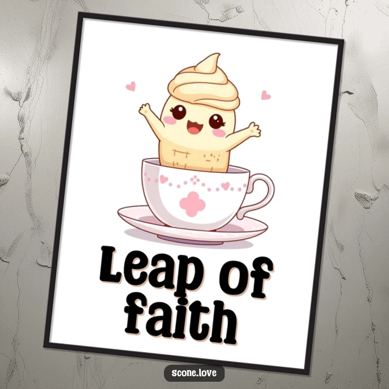 Funny Kawaii Scone Teacup Poster: A scone gleefully leaps into a teacup, capturing a moment of pure happiness.