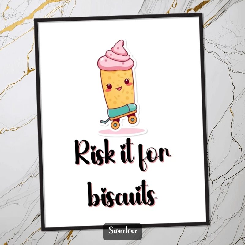 Funny Roller Skate Scone Poster shows a scone with one roller skate, poised to do a trick, exuding humorous bravery.