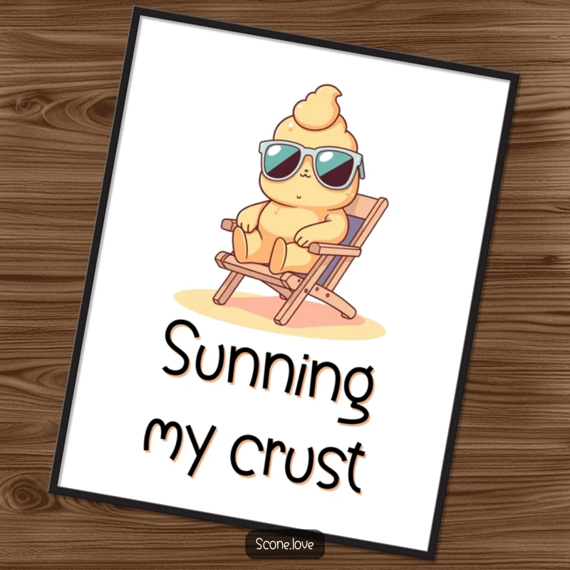 Funny scone wearing sunglasses and lounging on a tiny beach chair, a humorous and relaxing poster for wall decor.