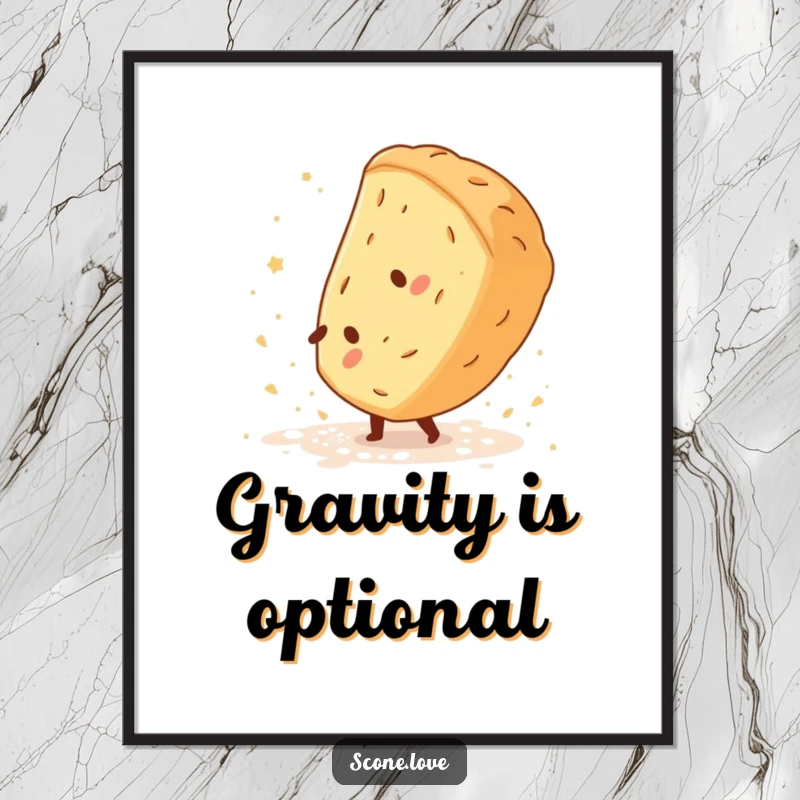 Funny Scone Cartwheel Poster shows a scone doing a cartwheel, kicking up flour, exuding humorous baking talent.