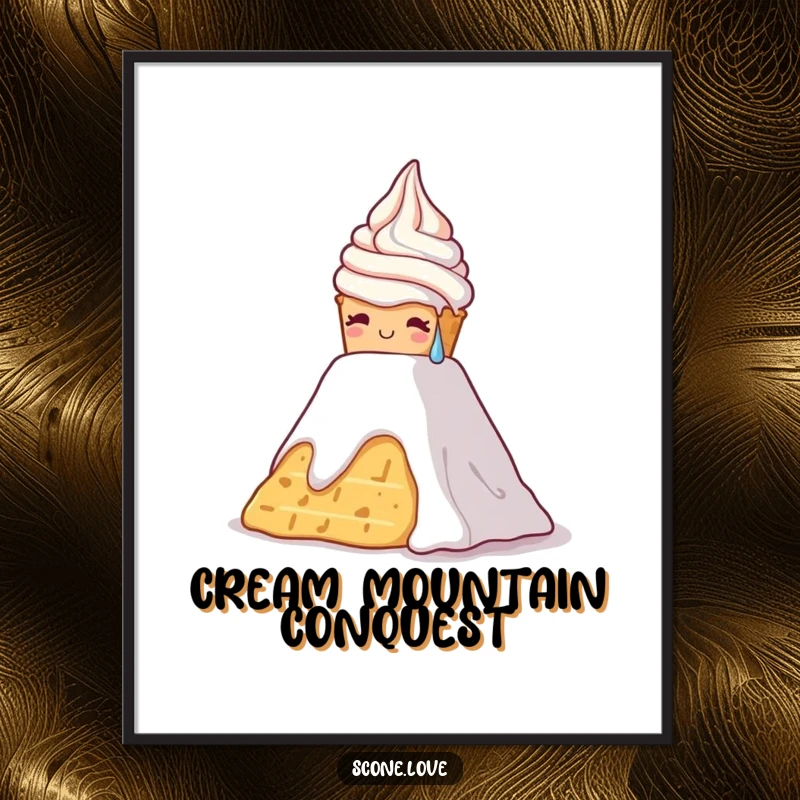 Funny poster art of a scone sweating as it climbs a whipped cream mountain, a comical representation of effort.