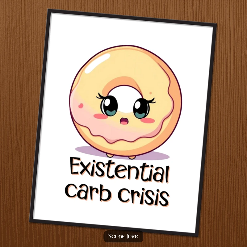 Funny scone with wide, surprised eyes looking up at a comically large donut, presented as humorous wall art.