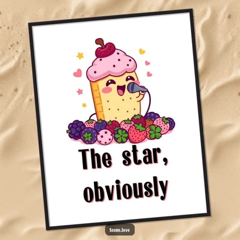 Funny scone singing with a microphone to an audience of berries, a humorous music-themed poster for decor.