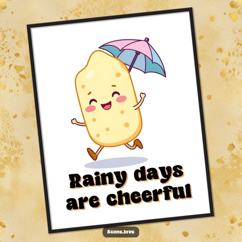 Funny smiling scone character skips happily, holding a tiny umbrella, on this cheerful poster.
