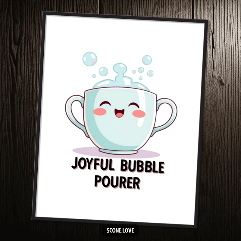 Funny teacup poster depicting a smiling teacup enthusiastically pouring out bubbles, ideal for adding whimsical and cheerful decor.