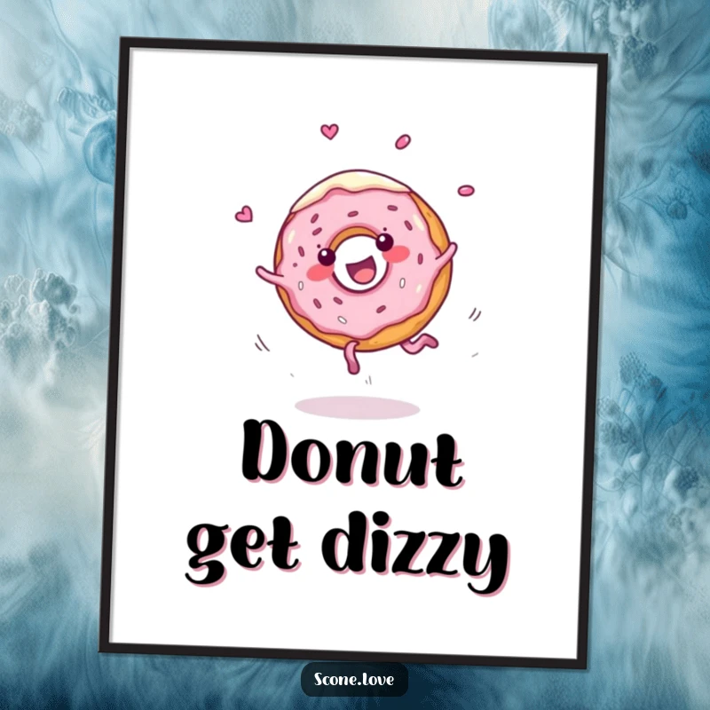 Funny poster print depicts a cheerful donut performing a cartwheel with frosting dramatically flying, a vibrant and humorous piece of wall art.