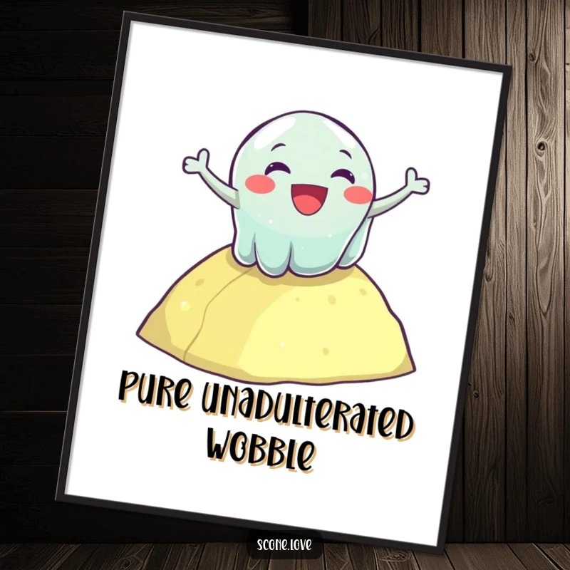 Funny poster of a delighted, wobbly jelly enthusiastically tumbling down a hill, bringing cheerful and shaky humor to wall art.