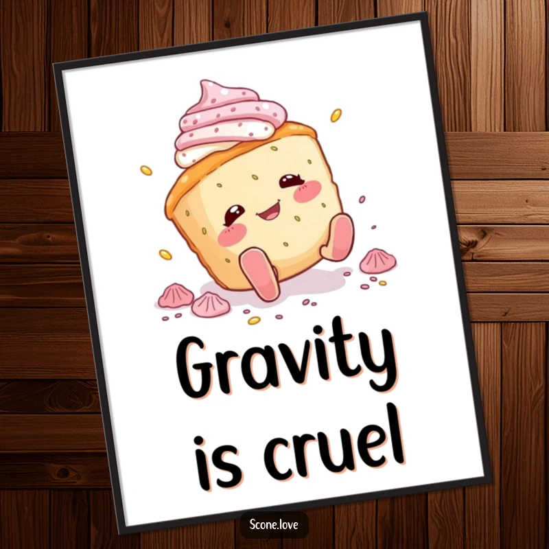 Funny scone poster depicting a scone character comically tripping and scattering icing, bringing cheerful, clumsy vibes to any room.